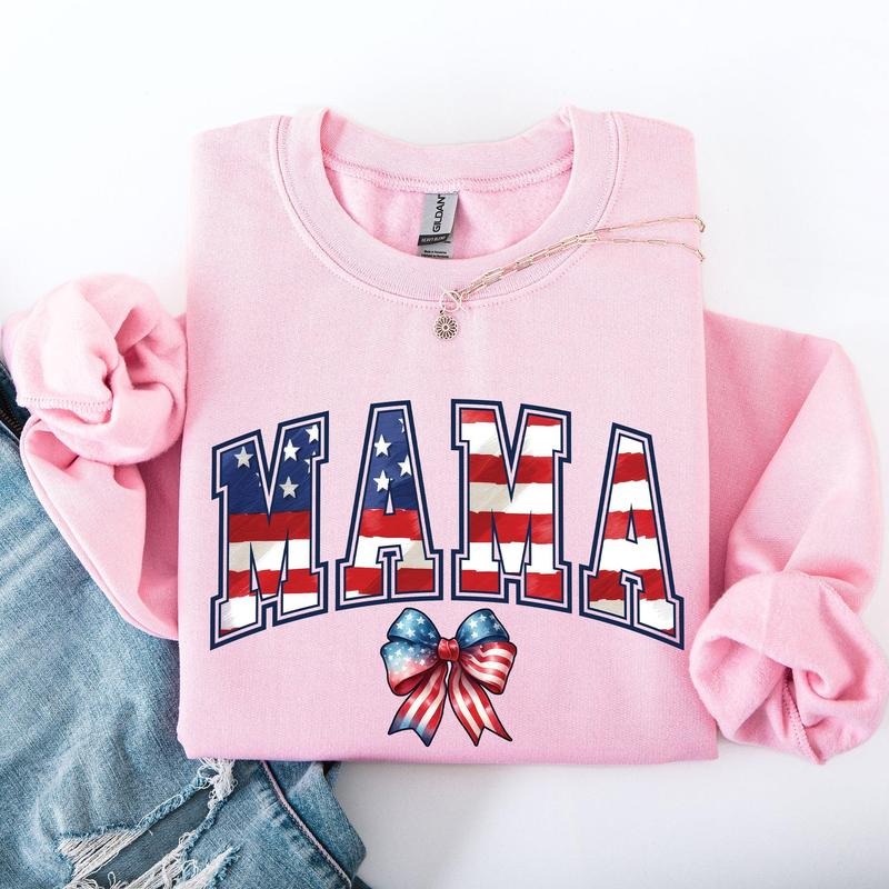 Mama, USA Flag, Patriotic, Varsity, Bow, Ribbon, America, 4th of July Sweatshirt, Crew Neck, Women's, Crewneck T-Shirts,...