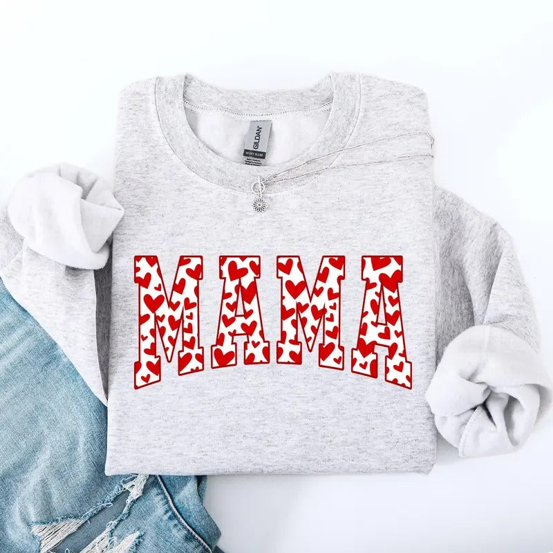 Mama, Valentine's Day, Varsity, Hearts, Love Sweatshirt, Crew Neck, Women's, Crewneck, Valentine's Day, Love, Heart,...