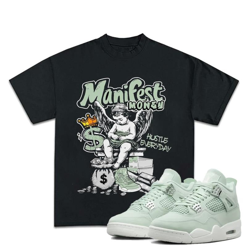 Manifest Money Match 4s Seafoam Outfits Sneakers, Unisex Cotton T-shirt, Y2K Graphic Tee, Fitted for a Contemporary...
