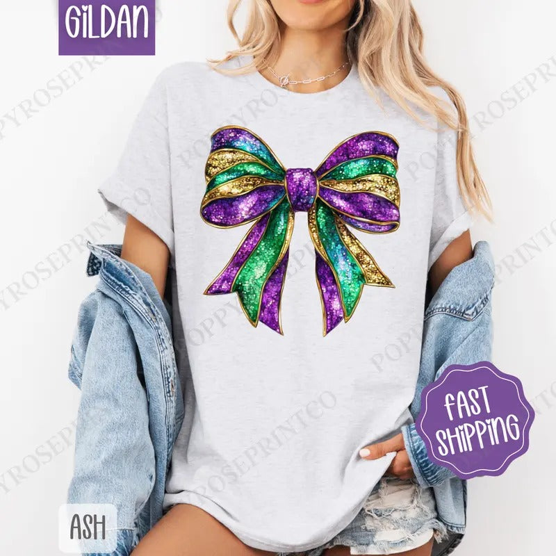 Mardi Gras Bow Shirt Gildan, Coquette Fat Tuesday Women's Tee, Louisana Women's Tshirt Plus Sizes Hoodie, Sweatshirt