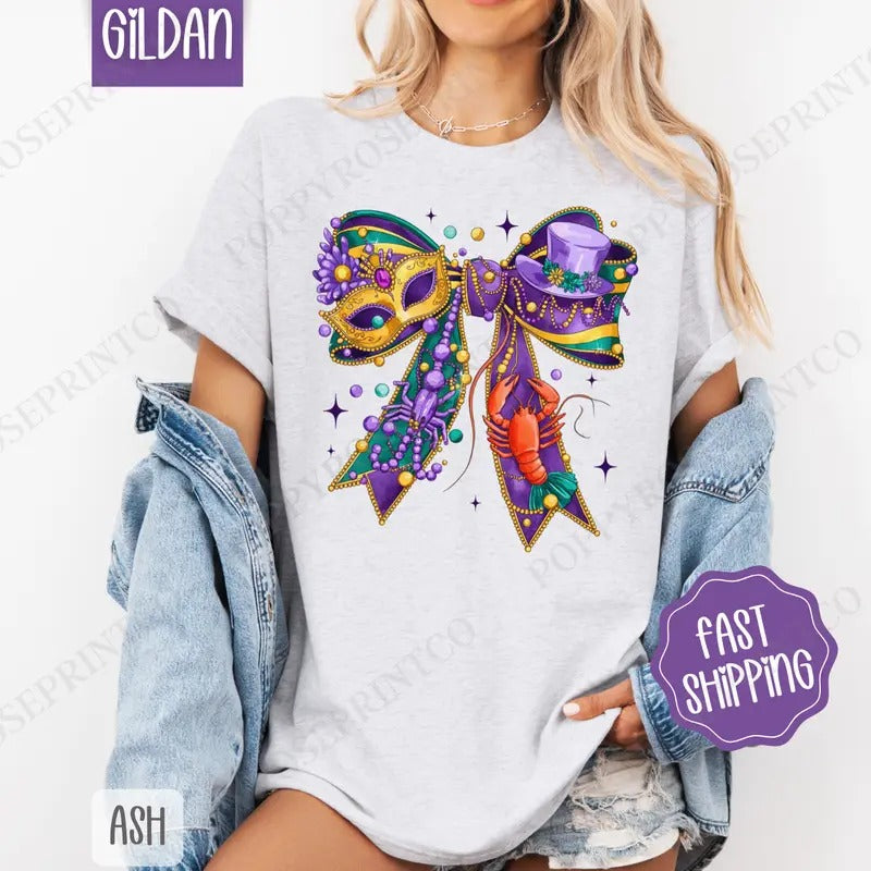 Mardi Gras Bow Shirt Gildan, Coquette Mardi Gras Women's Tee, Louisiana Women's Tshirt Plus Sizes Oversized Hoodie,...