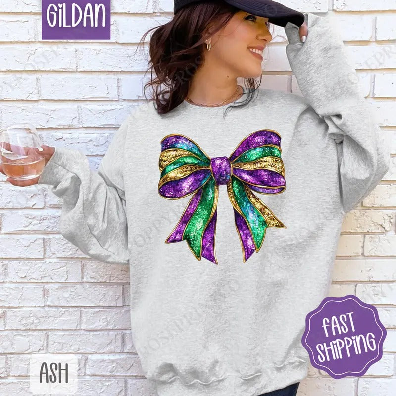 Mardi Gras Bow Sweatshirt, Coquette Fat Tuesday Crewneck, Louisiana Women's Sweater T-Shirts, Hoodie | WearSparks.com