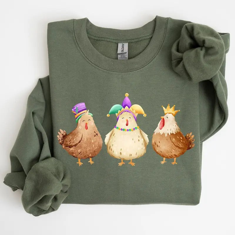 Mardi Gras Chickens, Farm, Carnival, Fleur de Lis, Fat Tuesday, Parade Sweatshirt, Crew Neck, Women's, Crewneck T-Shirts,...