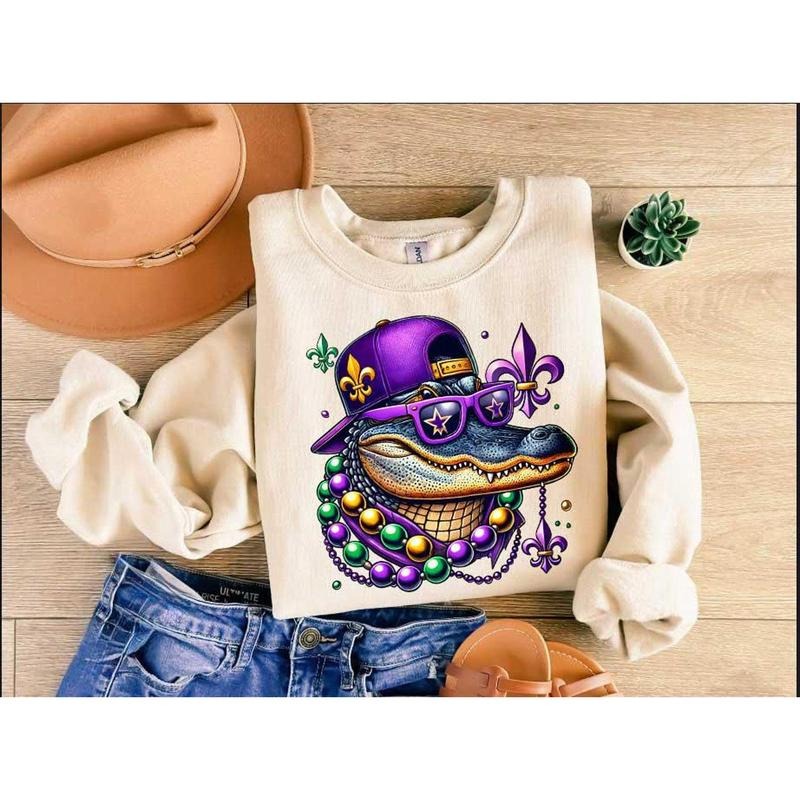 Mardi Gras Crocodile Sweatshirt, Animal Shirt, Women Mardi Gras Costume, Mardi Gras Alligator Shirt, Fat Tuesday...