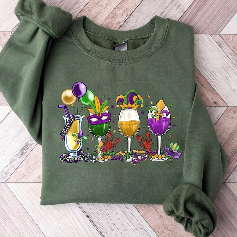 Mardi Gras Drink Sweatshirt, Mardi Gras Drinking Party Shirt, Wine Mardi Gras Beads Shirt , Mardi Gras Carnival,Fat...