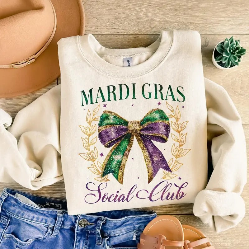 Mardi Gras Social Club Coquette Mardi Gras Bow Retro King Cake Louisiana Crawfish sweatshirt T-Shirts, Hoodie