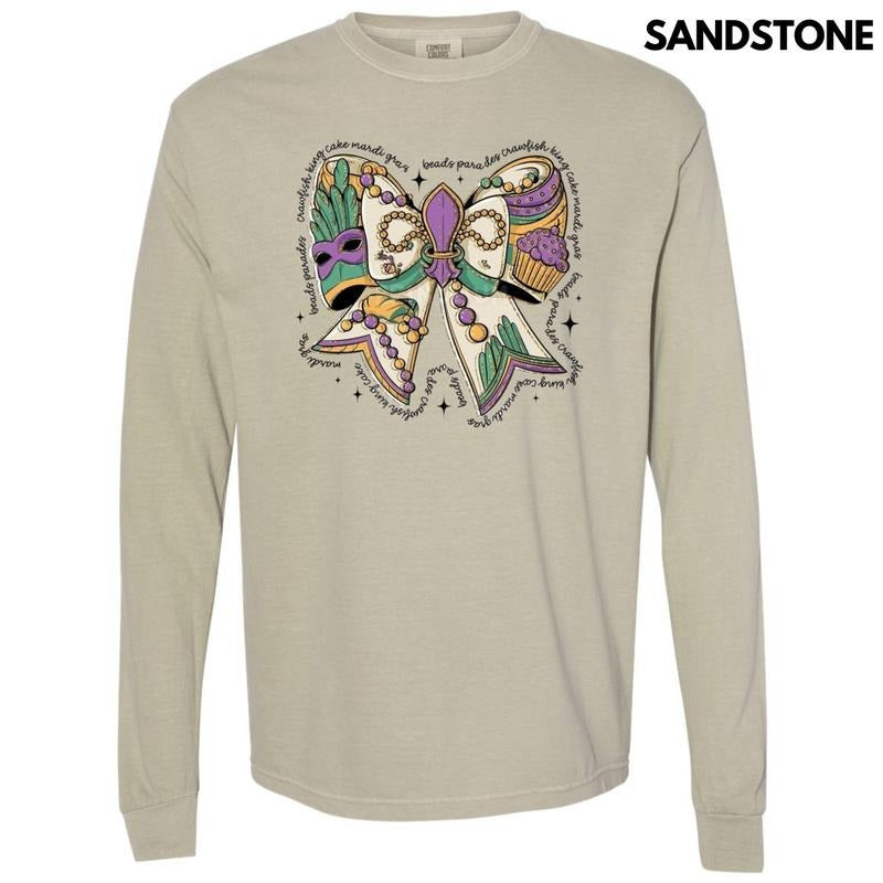 Mardi Gras Theme Bow Long Sleeve Comfort Colors T-Shirt Hoodie, Sweatshirt | WearSparks.com