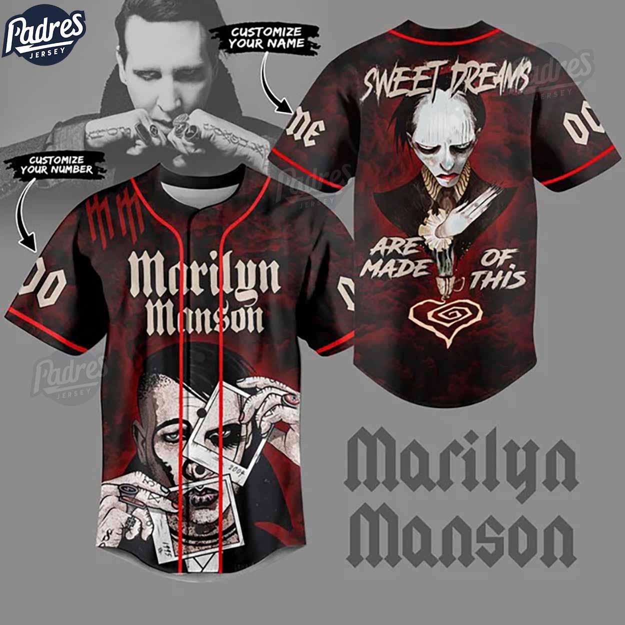 Marilyn Manson Sweet Dreams Custom Baseball Jersey - Padres Jersey Oasis: Elevate Your Baseball Style Game... (Image 1)
