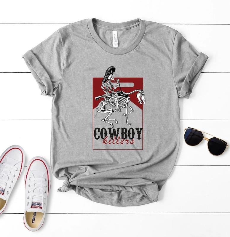 Marlboro Cowboy Killer Graphic Tee - Grey Cotton T-Shirt with Red and Black Design Featuring Cowboy Theme, Casual Men's...