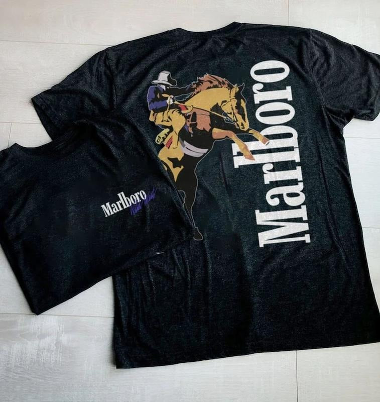 Marlboro Vintage Cowboy Wild West Shirt - Country Music Shirt, Black Cotton T-Shirt with Graphic Design, Suitable for Men...
