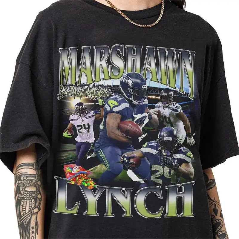 Marshawn Lynch 90s Vintage Bootleg Style T-Shirt, Classic Retro Graphic Unisex Tee Gift For Men and Women Hoodie, Sweatshirt