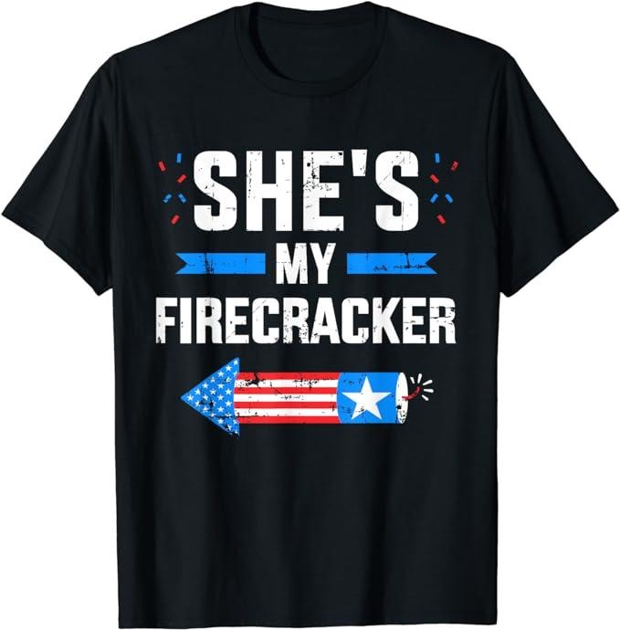 Matching Couple Shirts, She's My Firecracker Matching Partner For 4th Of July Couple T-Shirt Casual Cotton Fashion...