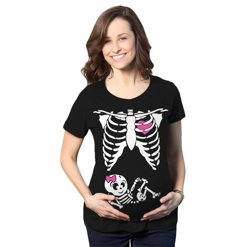 Maternity Baby Girl Skeleton Cute Halloween Pregnancy Bump T Shirt Funny Graphic Maternity Tee Cute Pregnancy Tees With...