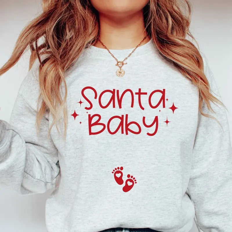 Maternity Christmas Santa Baby Sweatshirt, Unisex Crewneck Sweatshirt & Tshirt - Cotton Hoodie | WearSparks.com