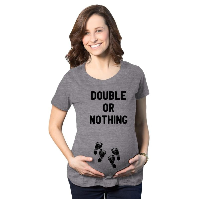 Maternity Double Or Nothing T Shirt Funny Twins Baby Pregnancy Announcement Graphic Tee Funny Graphic Maternity Tee Cute...