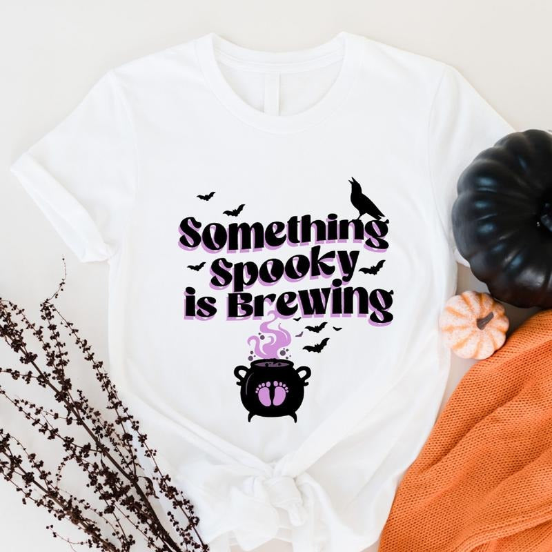 Maternity Halloween T-Shirt, Something Spooky Is Brewing Shirt, Halloween Pregnancy Announcement Shirt, Baby Shower Gift...