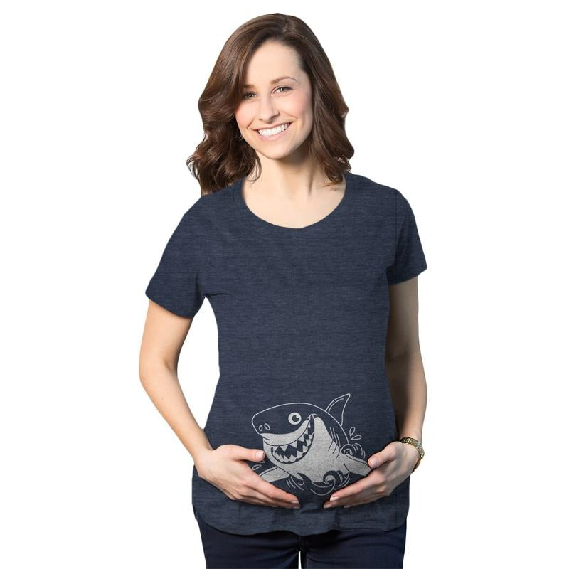 Maternity Smiling Shark Tshirt Funny Occean Fish Vacation Tee Funny Graphic Maternity Tee Cute Pregnancy Tees With Plus...