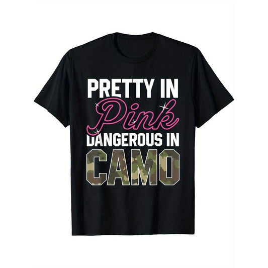 Mature Style Cotton T-Shirt - Geometric Pink Camo Graphic, Crew Neck, Short Sleeve, Regular Fit, All-Season Casual...