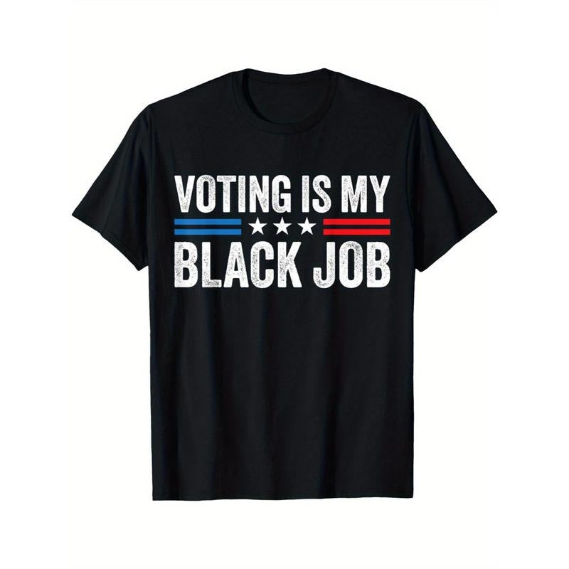 Mature Style Cotton T-Shirt with "Voting is My Black Job" Print, Geometric Pattern, Regular Fit, Short Sleeve, Crew Neck,...