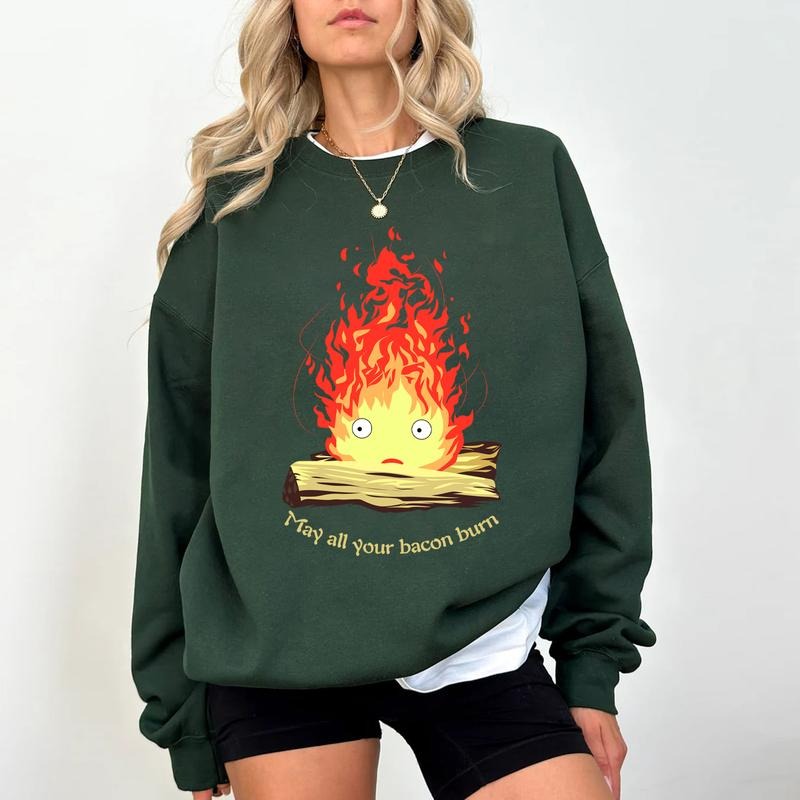 May All Your Bacon Burn Calcifer Sweatshirt T-Shirt, Studio Ghibli Sweatshirt, Calcifer Sweatshirt, A heart's A Heavy...