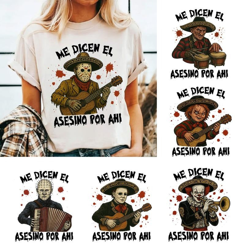 Me Dicen El Asesino Por Ahi Halloween T-Shirt, Scary Movie Characters Shirt, Funny Killer Breakfast Shirt, Spooky Crunch...