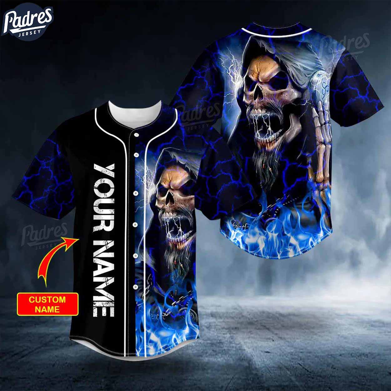 Custom Melodic Death Metal Grim Reaper Blue Fire Skull Baseball Jersey - Padres Jersey Oasis: Elevate Your Baseball Style...
