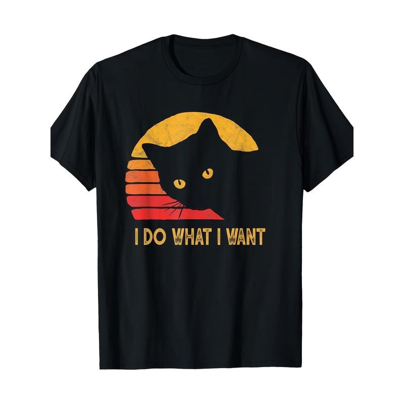 Men'S Casual Cotton T-Shirt with Retro Cat Graphic, Crew Neck, Short Sleeve, Regular Fit, All-Season