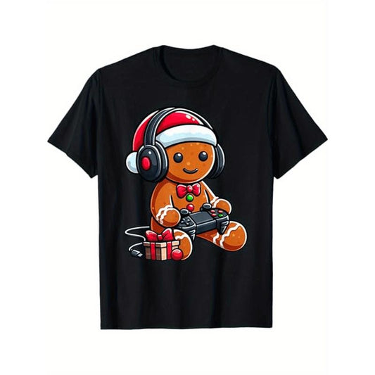 Men'S Gingerbread Gamer Christmas T-Shirt - 100% Cotton Knit Crew Neck Tee with Gaming Print for Festive Casual Wear,...