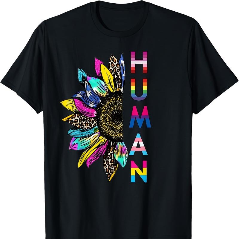 Men'S Human Pride Sunflower Graphic T-Shirt - Cotton Cartoon Pattern