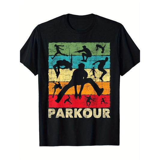 Men'S Parkour Cotton T-Shirt, Casual Short Sleeve Crew Neck Tee with Geometric Free Runner Print, Digital Heat Transfer...