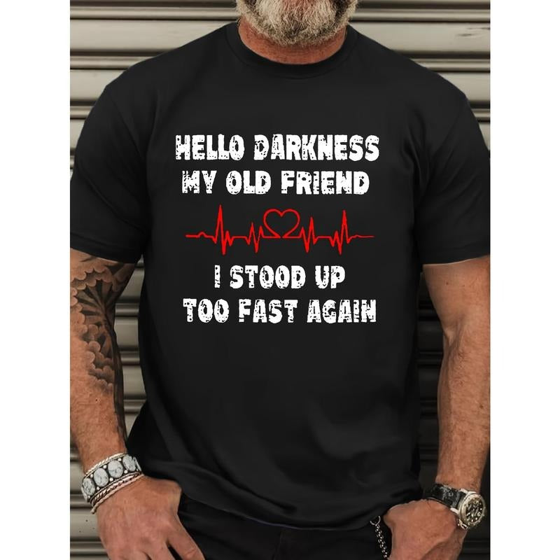 Men'S Plus Size Casual Crew Neck T-Shirt "HELLO DARKNESS MY OLD FRIEND" - Polyester 100% Knit Fabric, Slight Stretch,...