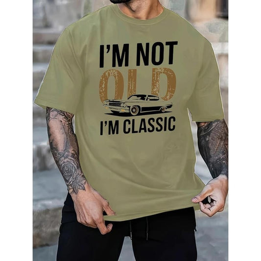 Men's "I'm Not Old, I Am Classic" Pattern T-shirt-Soft Cotton, Casual Crew Neck, Short Sleeve, Vintage Car Print,...