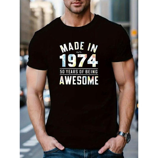 Men's "Made in 1974 - 50 Years of Being Awesome" Graphic Crew Neck T-Shirt, Casual Polyester Knit Fabric with Slight...