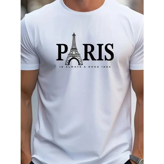 Men's 'PARIS' Eiffel Tower Print Short Sleeve Crew Neck T-shirt For Summer, Casual Comfy Stylish Tee As Gift Made in USA...