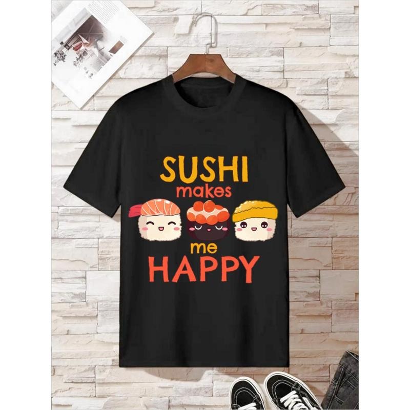 Men's "Sushi makes me happy" letter printed T-shirt, casual and comfortable slightly elastic round neck T-shirt, summer...