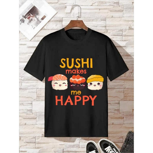 Men's "Sushi makes me happy" letter printed T-shirt, casual and comfortable slightly elastic round neck T-shirt, summer...