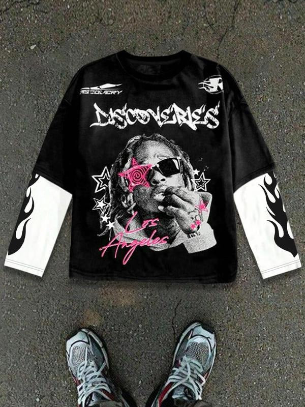 Men's 2 in 1 Patchwork Graphic Print Long Sleeve Tee, Regular Fit Casual Retro Street Round Neck T-shirt for Spring &...