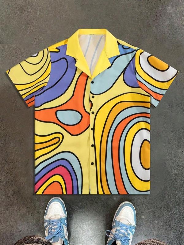 Men's Abstract Geometric Print Button Front Shirt, Regular Fit Casual Short Sleeve Lapel Neckline Top for Summer, Fashion...