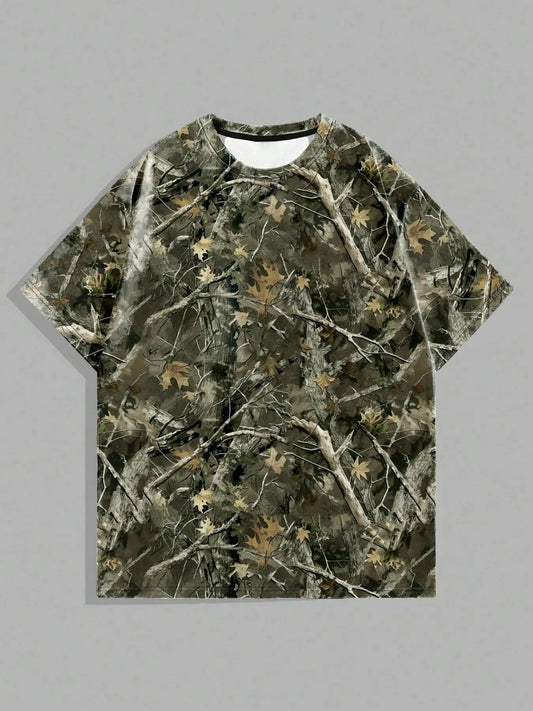 Men's All Over Print Short Sleeve Tee, Regular Fit Casual Leaf Print Crew Neck T-shirt for Daily Wear, Men's Top for All...