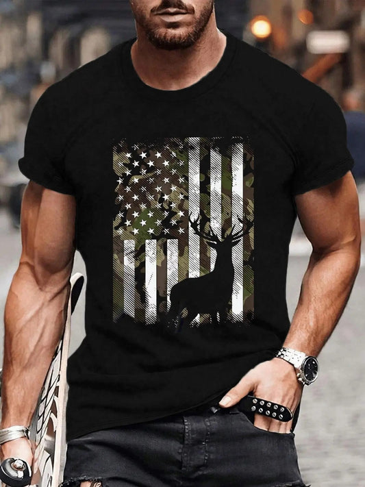 Men's American Flag Print Round Neck Tee, Regular Fit Casual Fashion Short Sleeve T-shirt for Daily Wear, Men's Top for...