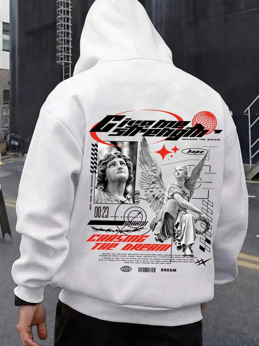 Men's Angel & Letter Print Drop Shoulder Hoodie, Fashion Casual Regular Fit Drawstring Pocket Hooded Sweatshirt for Daily...