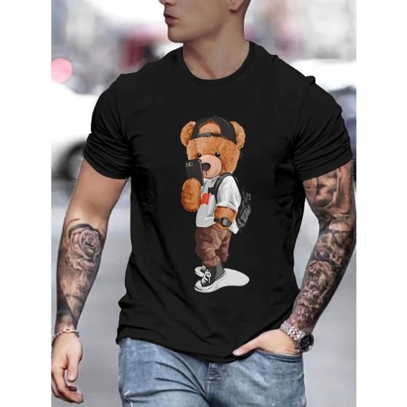 Men's Bear Graphic Print T-shirt, Casual Short Sleeve Crew Neck Tee, Men's Clothing For Summer Outdoor Made in USA...