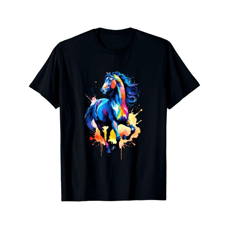 Men's Boho-Chic 100% Cotton T-Shirt with Colorful Horse Print