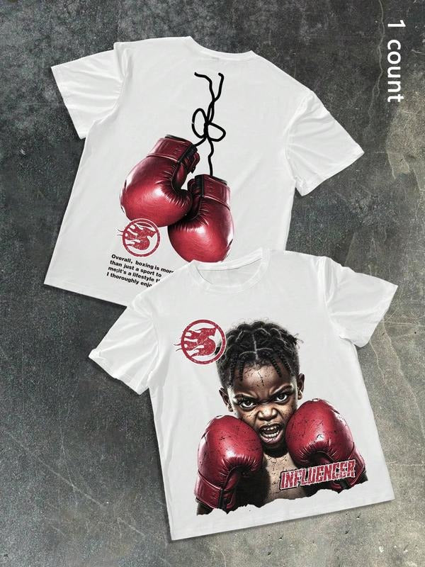Men's Boxing Gloves & Letter Print Round Neck Tee, Regular Fit Casual Short Sleeve Crew Neck T-Shirt for Summer, Fashion...