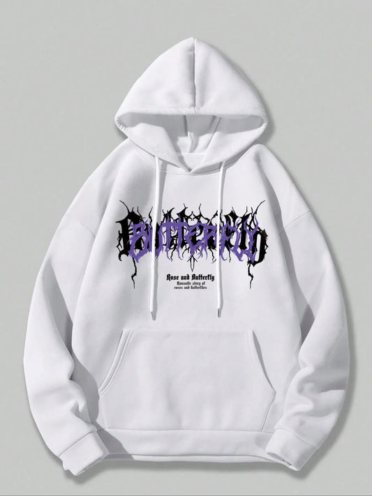 Men's Butterfly & Letter Print Drop Shoulder Thermal Lined Hoodie, Fashion Casual Regular Fit Drawstring Pocket Hooded...