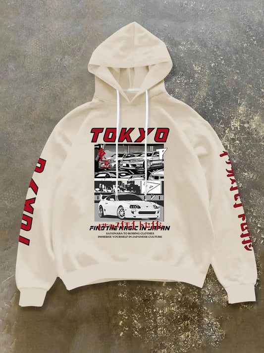 Men's Car & Letter Print Drop Shoulder Hoodie, Fashion Casual Regular Fit Drawstring Hooded Sweatshirt for Daily Holiday...