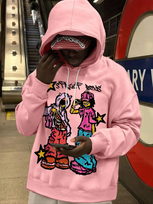 Men's Cartoon & Letter Print Drop Shoulder Thermal Lined Hoodie, Fashion Casual Regular Fit Drawstring Pocket Hooded...