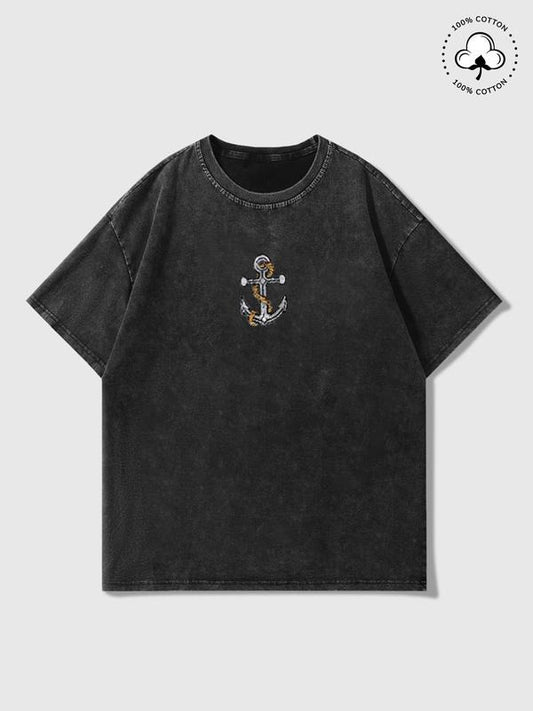 Men's Cartoon Anchor Print Short Sleeve Velvet Tee, Regular Fit Casual Fashion T-shirt for Summer, Men's Top for Daily...