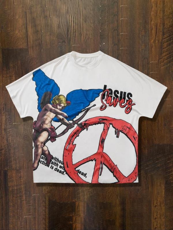 Men's Cartoon Angel & Peace Symbol Print Round Neck Tee, Regular Fit Casual Comfy Short Sleeve T-shirt, Men's Summer Top...