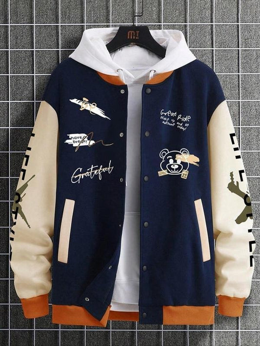 Men's Cartoon Bear & Letter Print Graphic Drop Shoulder Varsity Jacket without Inner Top, Loose Casual Preppy Style Long...